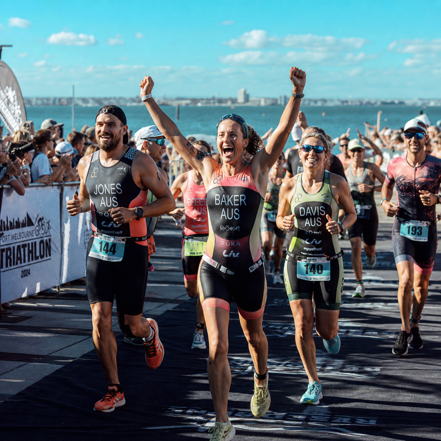 Runners celebrating as they cross the finish line at the Port Melbourne Triathlon