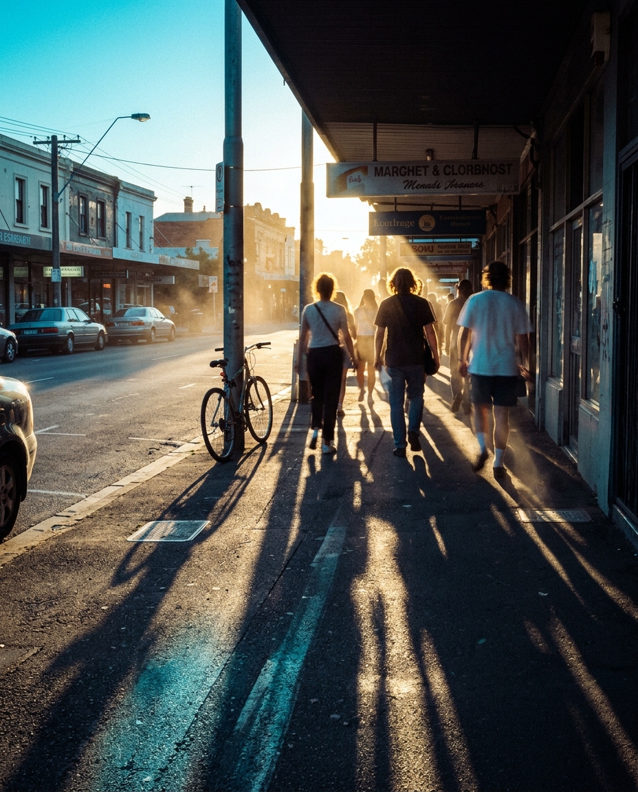 Shoppers walking along a Port Melbourne street in the late afternoon golden light